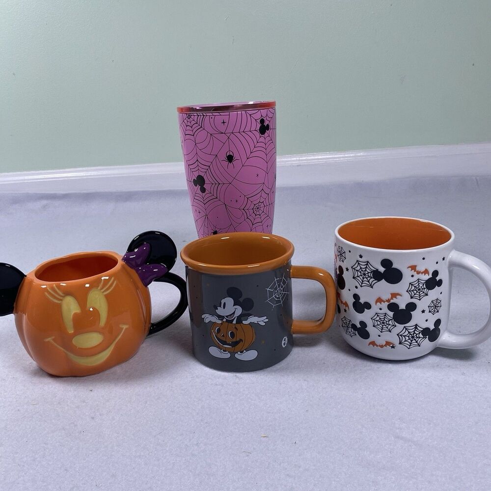 Lot of 4- Disney  Coffee Mugs Tumbler Mickey Mouse Pumpkin Bats Spider Web